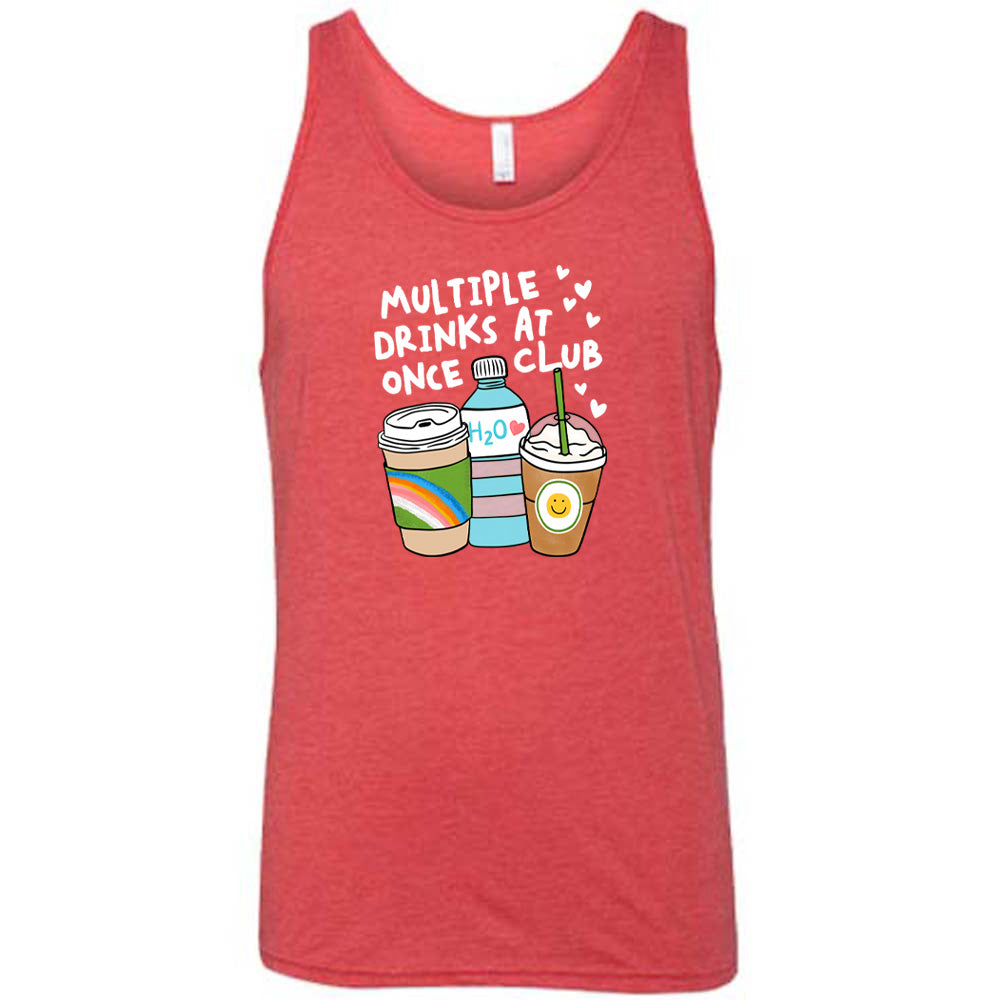 Red colored tank with an assorted cup collection graphic on it that says "Multiple Drinks at Once Club"