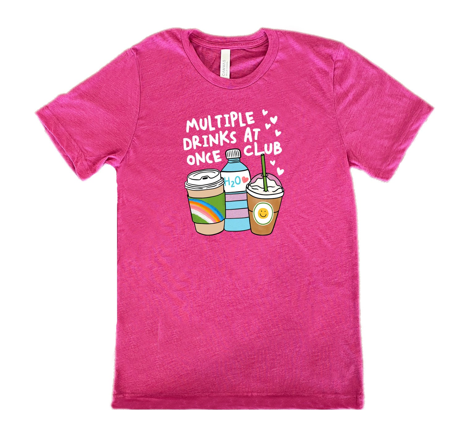 Berry colored shirt with an assorted cup collection graphic on it that says "Multiple Drinks at Once Club"