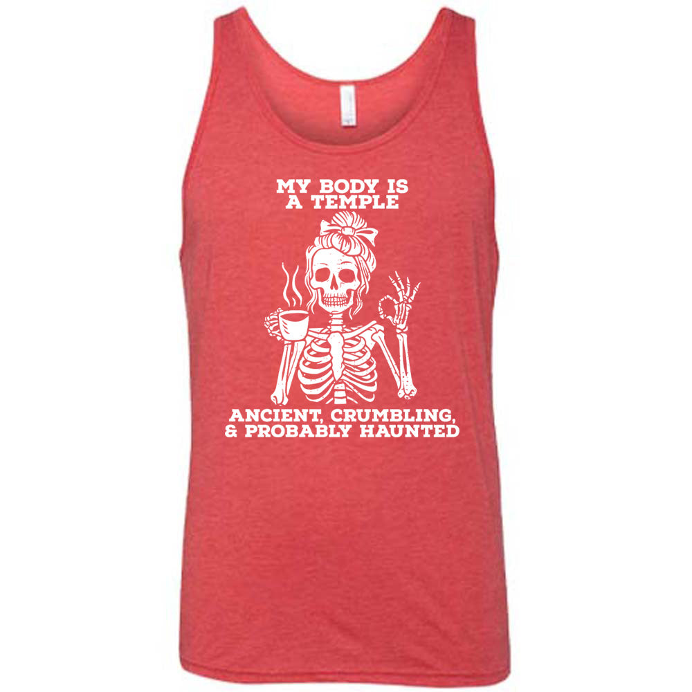 red unisex tank with the words "My Body Is a Temple Ancient, Crumbling, & Probably Haunted" on it, with the graphic of a skeleton with its hair in a bow, with one hand holding steaming coffee, and the other giving the OK symbol