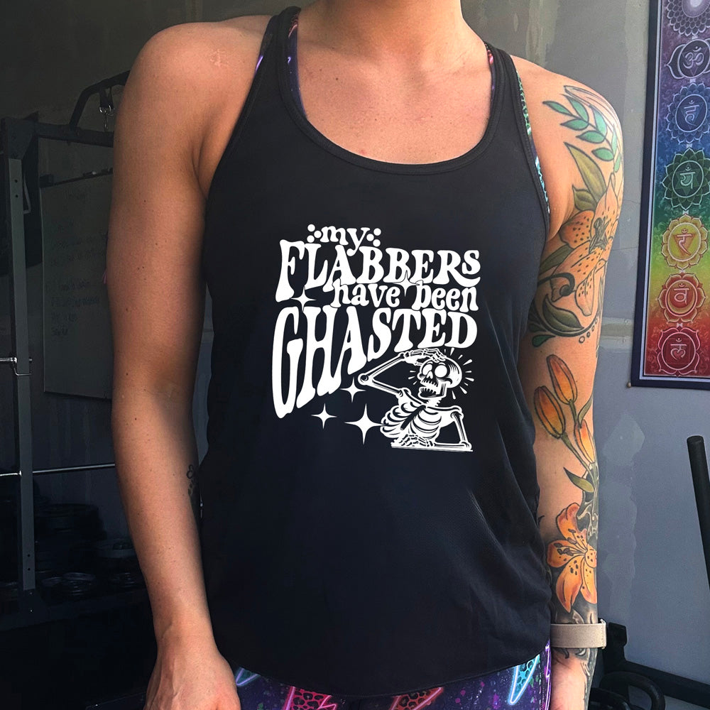 Black colored flowy tank with a shocked skeleton graphic on it that says "My Flabbers Have Been Ghasted"