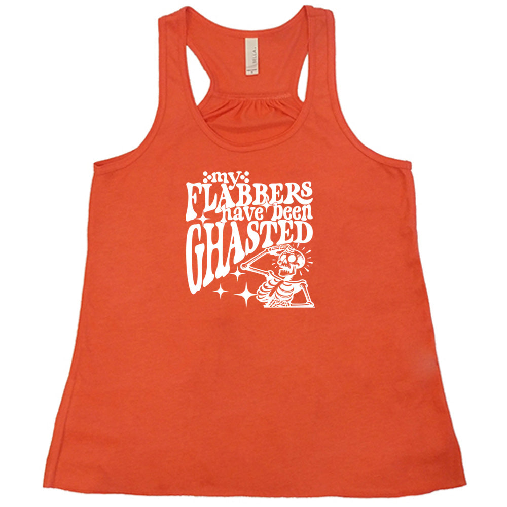 Coral colored flowy tank with a shocked skeleton graphic on it that says "My Flabbers Have Been Ghasted"
