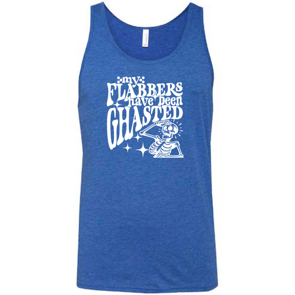 Blue colored tank with a shocked skeleton graphic on it that says "My Flabbers Have Been Ghasted"