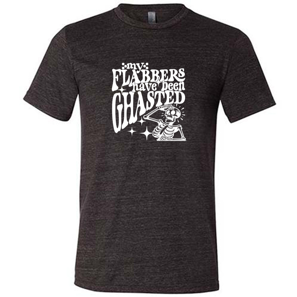 Black colored shirt with a shocked skeleton graphic on it that says "My Flabbers Have Been Ghasted"