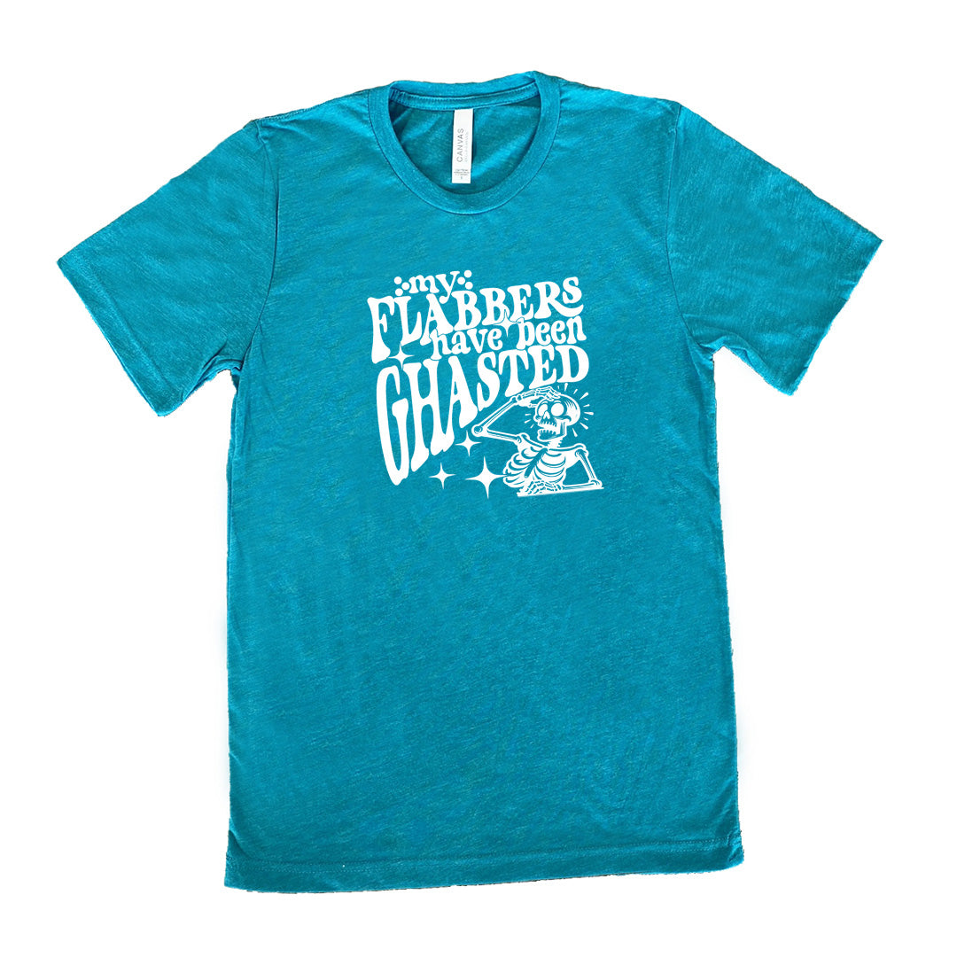 Teal colored shirt with a shocked skeleton graphic on it that says "My Flabbers Have Been Ghasted"