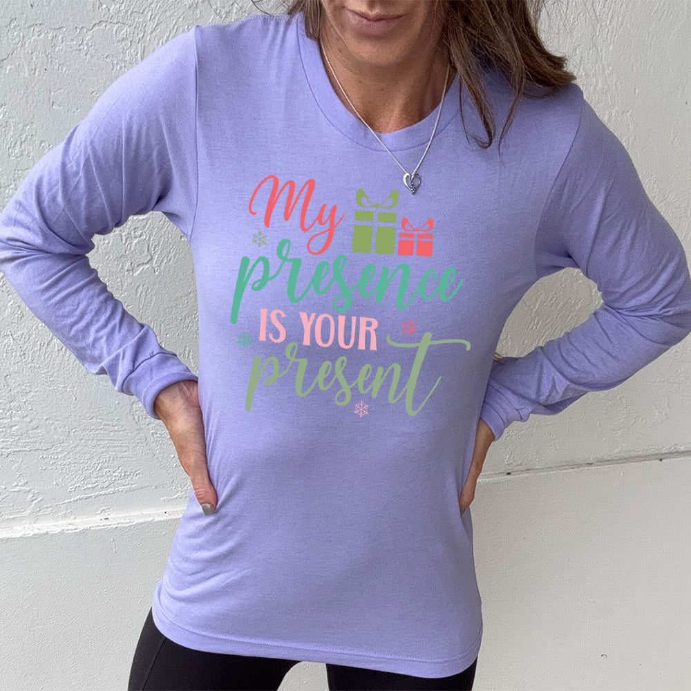 heather dark lavender long sleeve with the words "my presence is your present" with two little present images