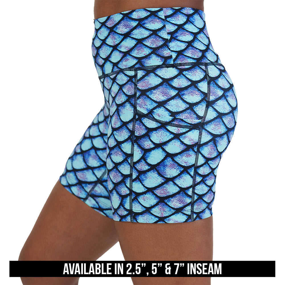 blue fish scale print shorts available in 2.5, 5 & 7 inch inseams