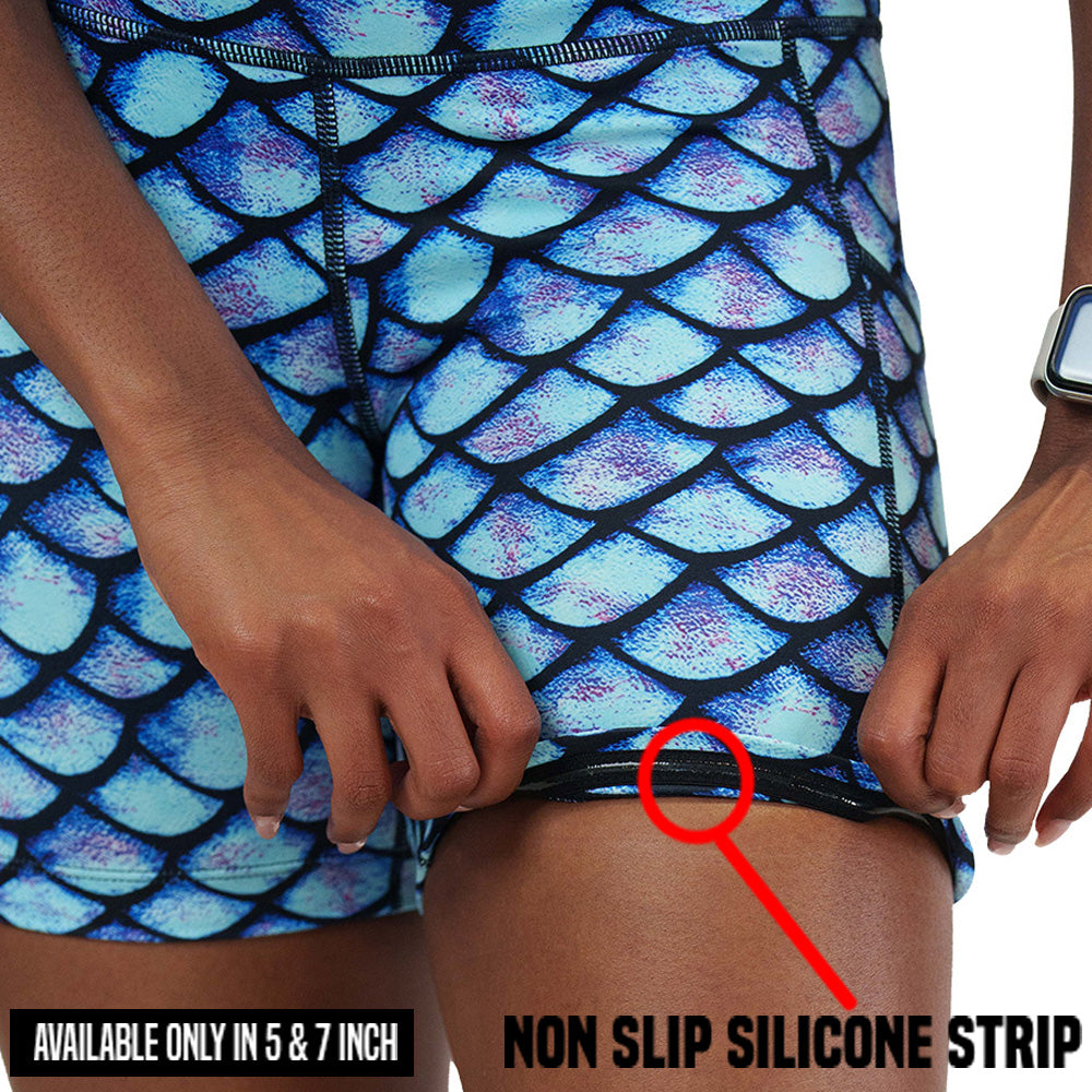 non slip strip on the blue fish scale print shorts