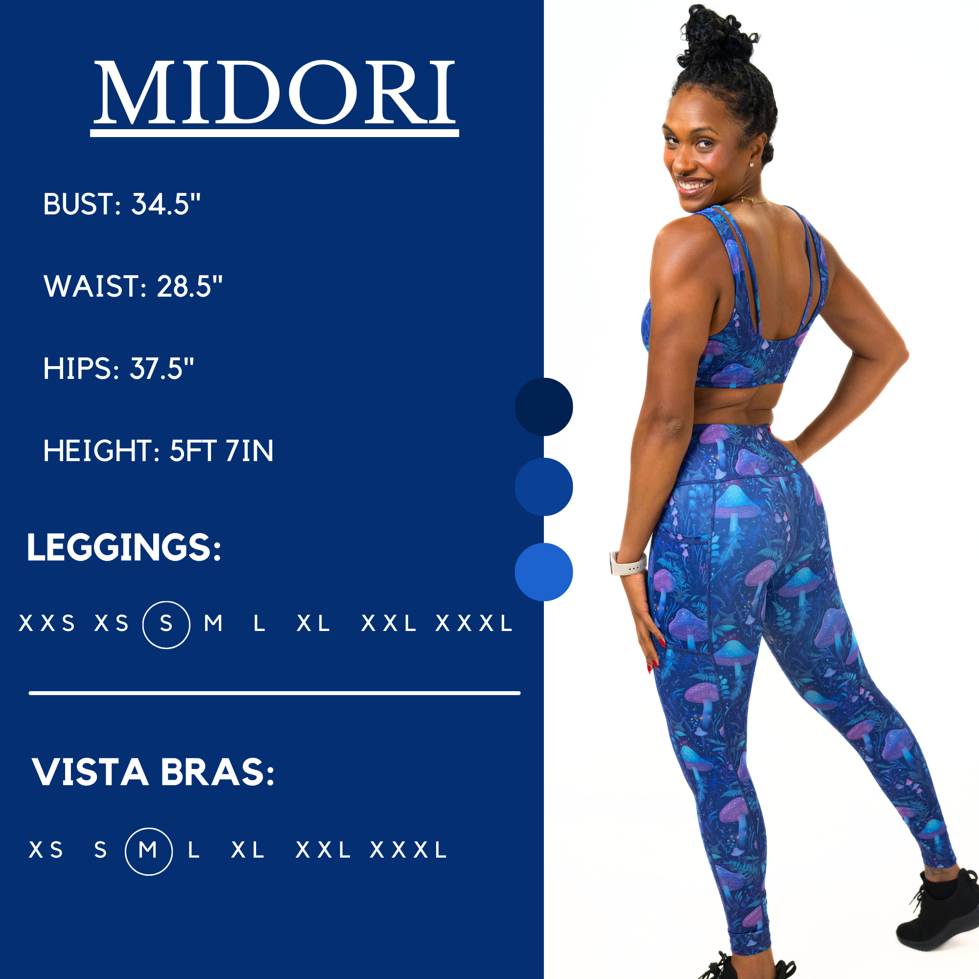 Model’s measurements of 34.5” bust, 28.5” waist, 37.5” hips and height of 5 ft 7 inches. She is wearing a size small in our leggings