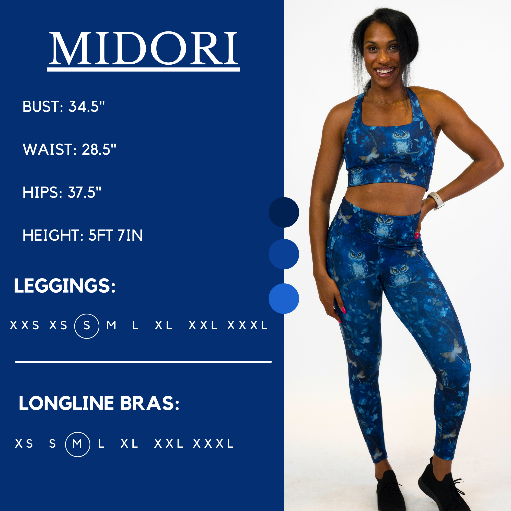 Model’s measurements of 34.5” bust, 28.5” waist, 37.5” hips and height of 5 ft 7 inches. She is wearing a size small in our leggings