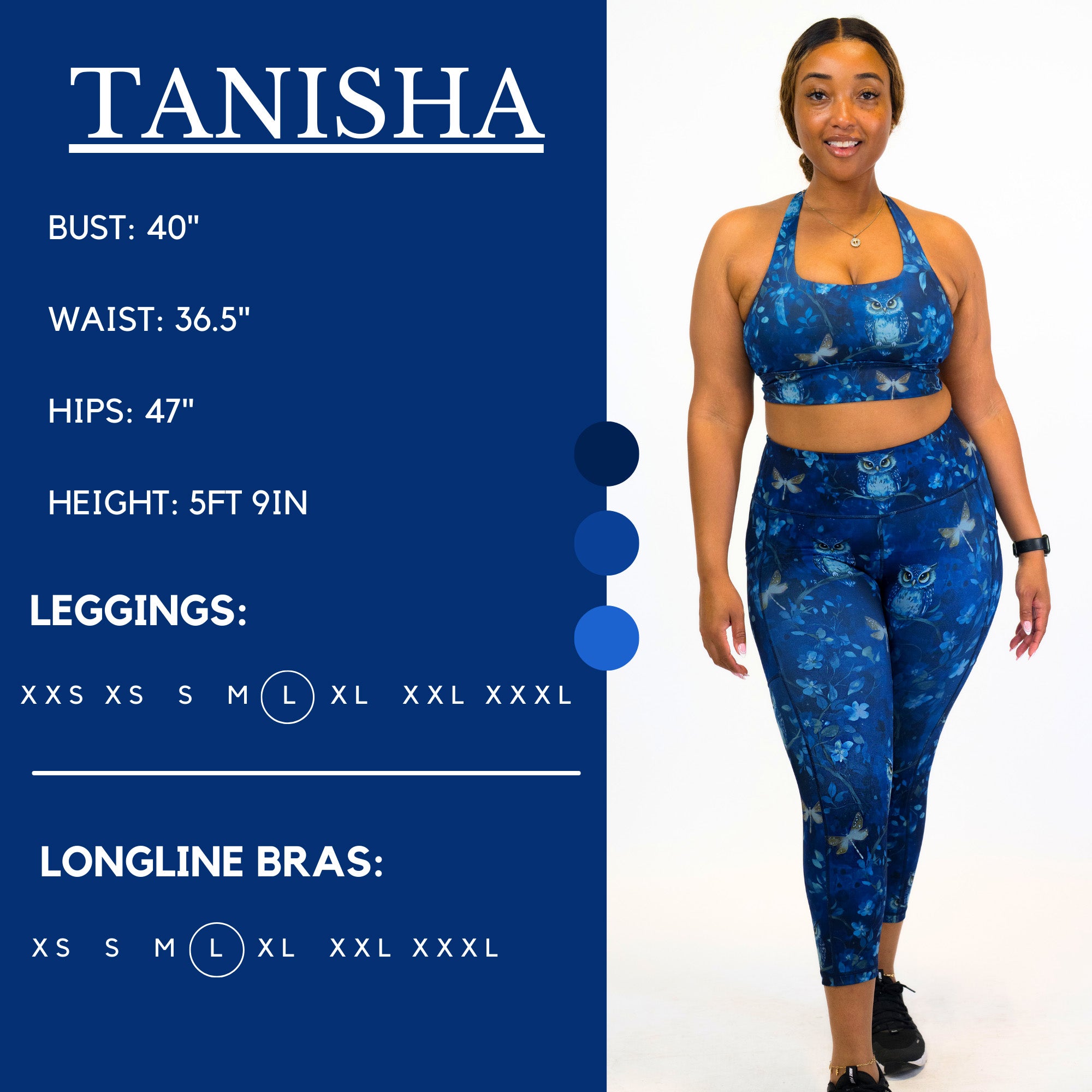 Graphic showing the measurements of a model and what size she wears for the leggings and fitted crop top. Her bust is 40 inches, waist is 36.5 inches, hips are 47 inches, and height is 5 foot and 9 inches. She wears a large in the leggings