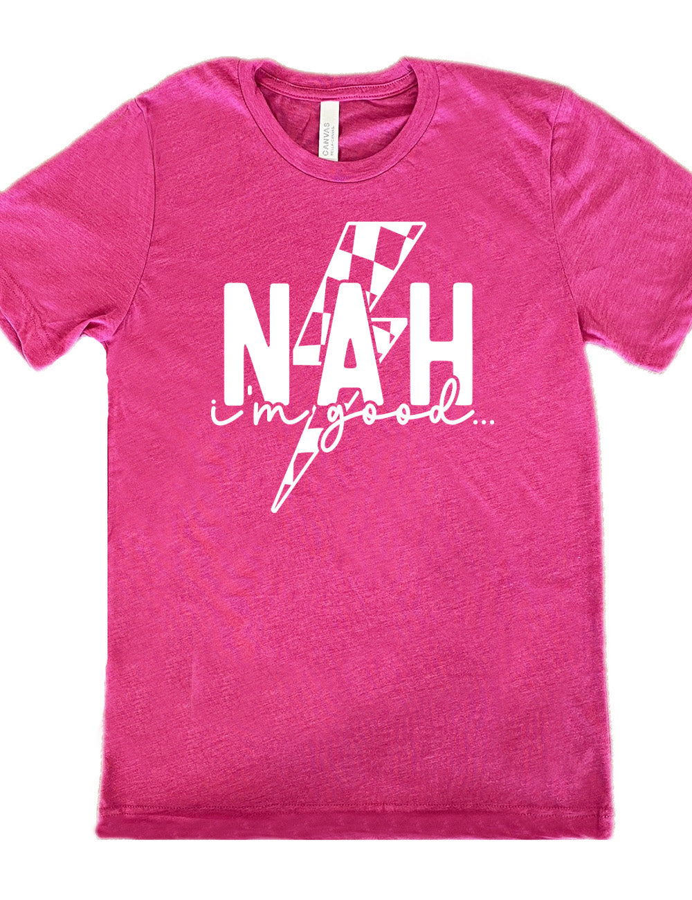 berry unisex tee with the large word "NAH" and small lowercase cursive words underneath saying "i'm good", and the graphic of a checkered lightning bolt behind the words