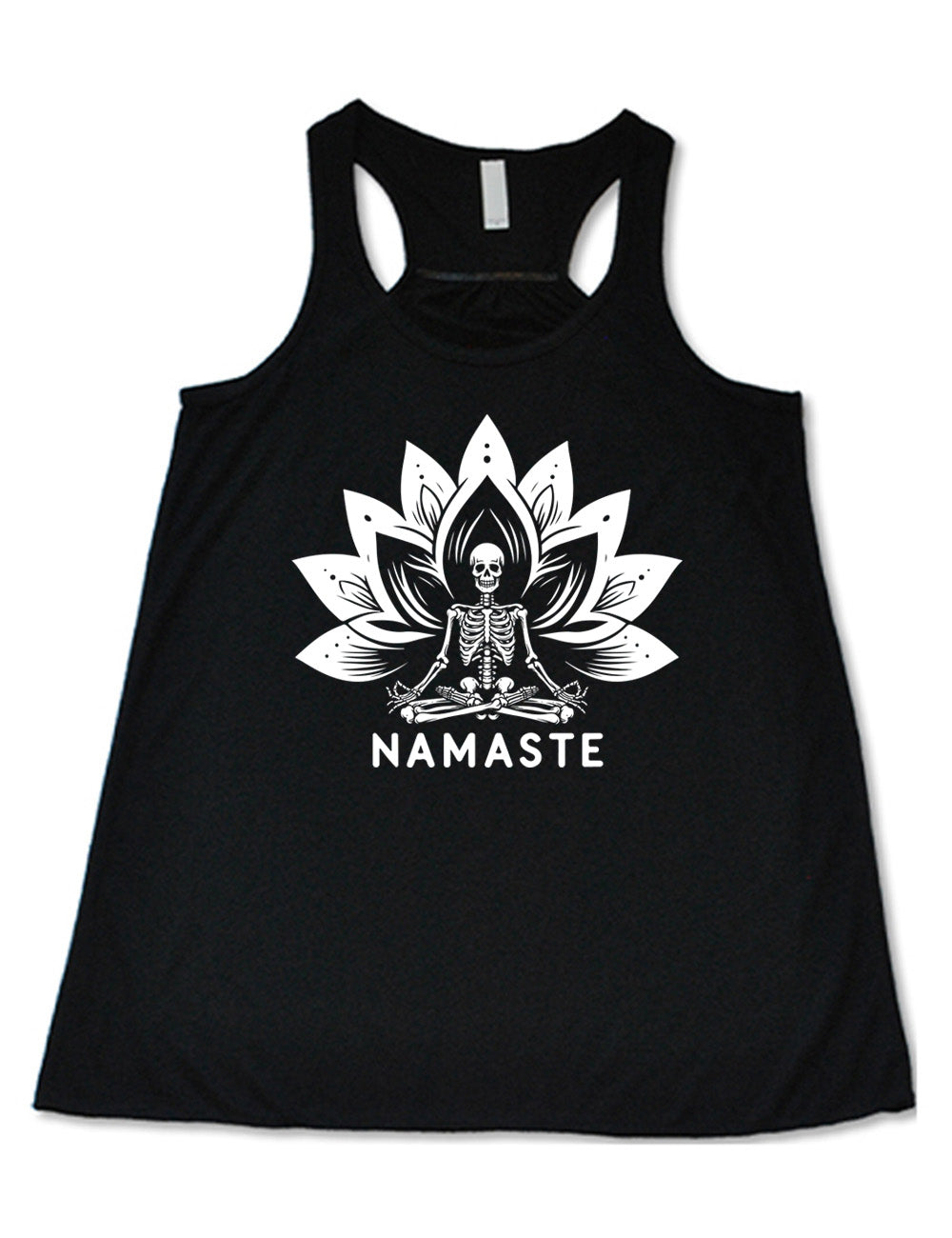 black flowy racerback tank with the graphic of a skeleton doing a seated yoga pose among a double lotus graphic, with the words underneath saying "namaste"