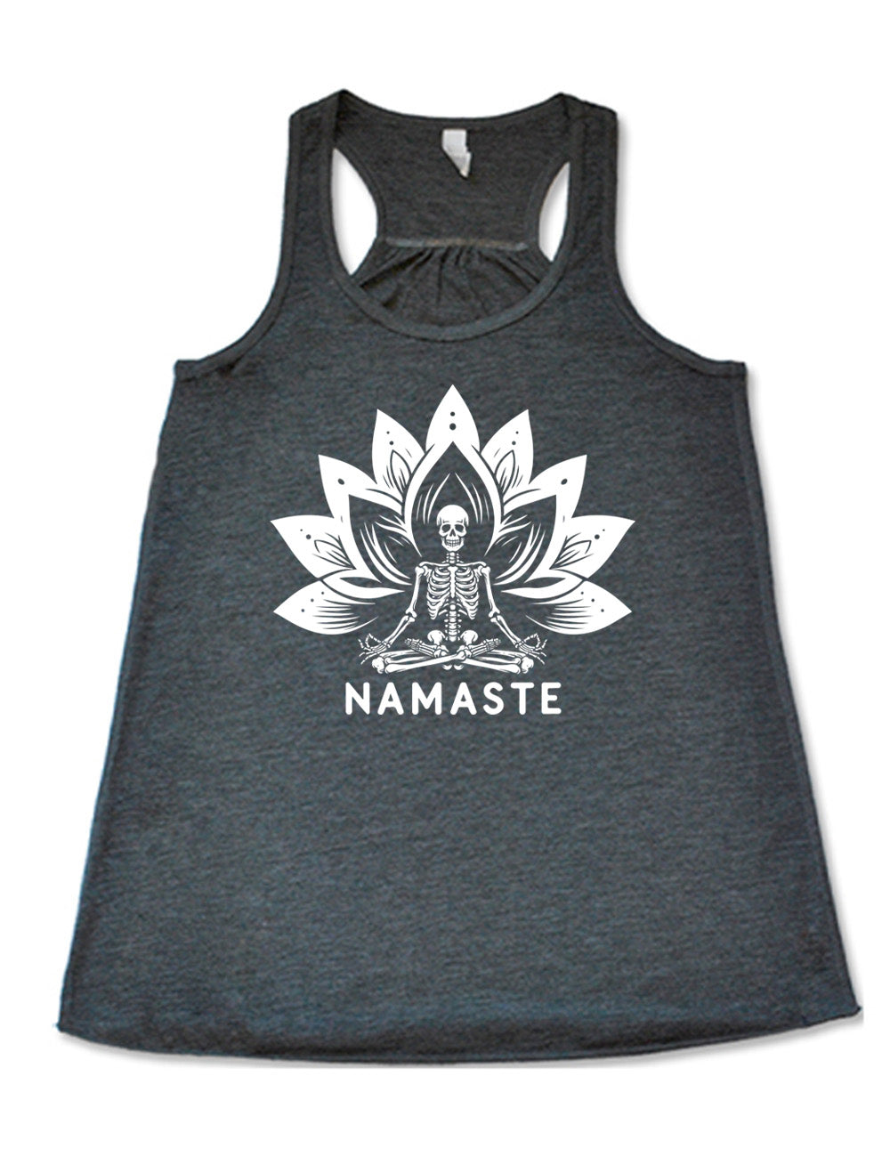 grey flowy racerback tank with the graphic of a skeleton doing a seated yoga pose among a double lotus graphic, with the words underneath saying "namaste"