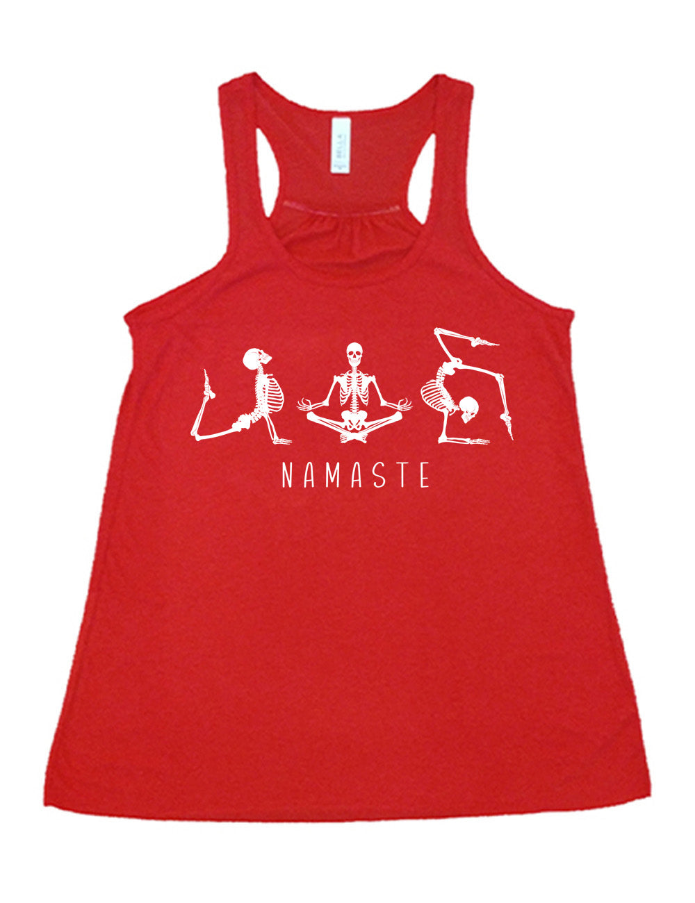 red flowy racerback tank with the graphic of three skeletons, all doing yoga poses, and the word underneath saying "namaste"