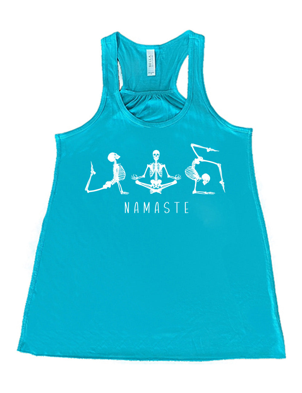 teal flowy racerback tank with the graphic of three skeletons, all doing yoga poses, and the word underneath saying "namaste"