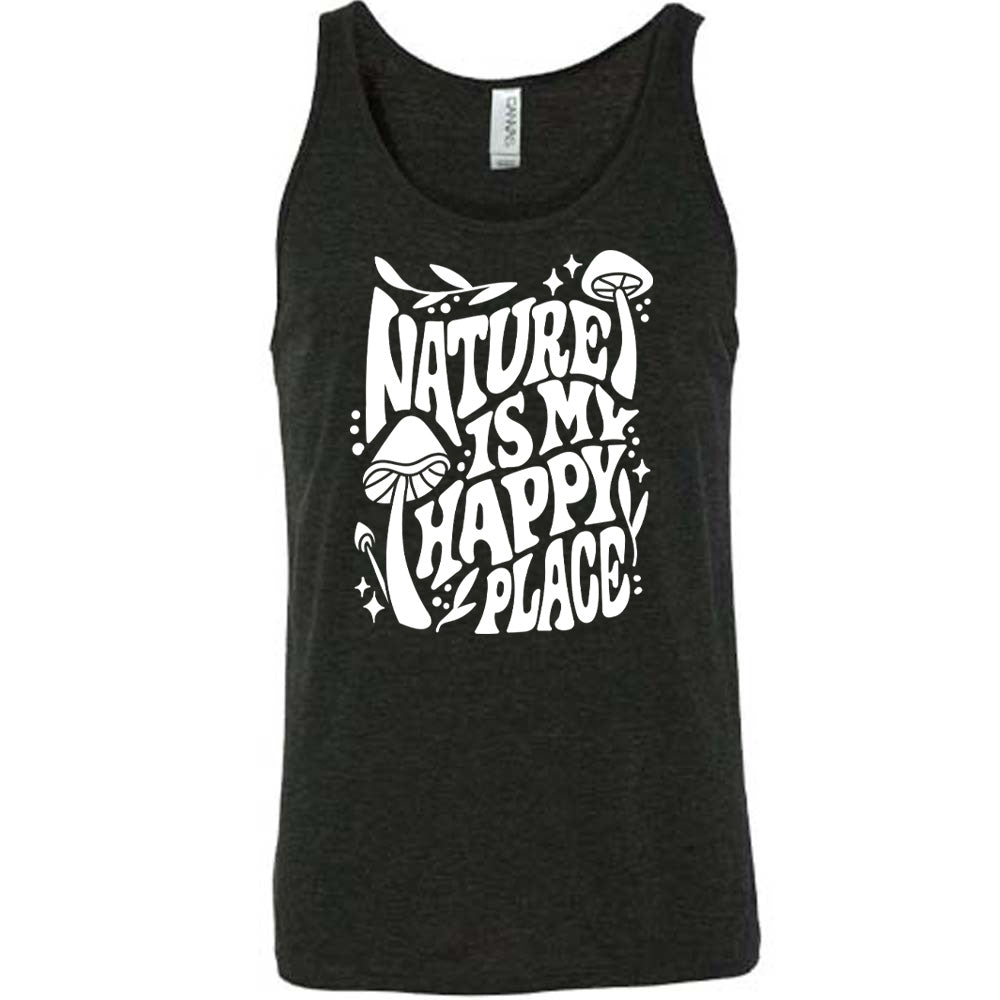 Black colored tank with a wild mushroom graphic on it that says "Nature Is My Happy Place"