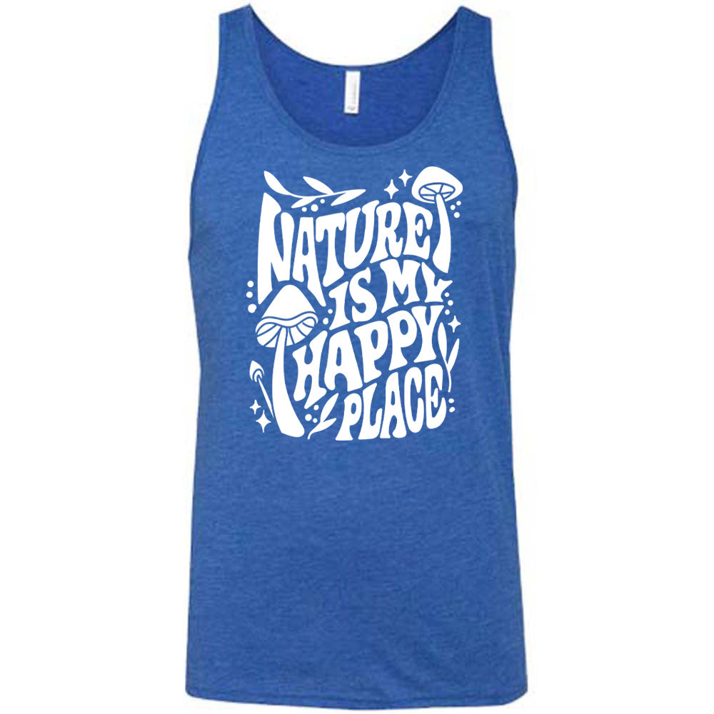 Blue colored tank with a wild mushroom graphic on it that says "Nature Is My Happy Place"