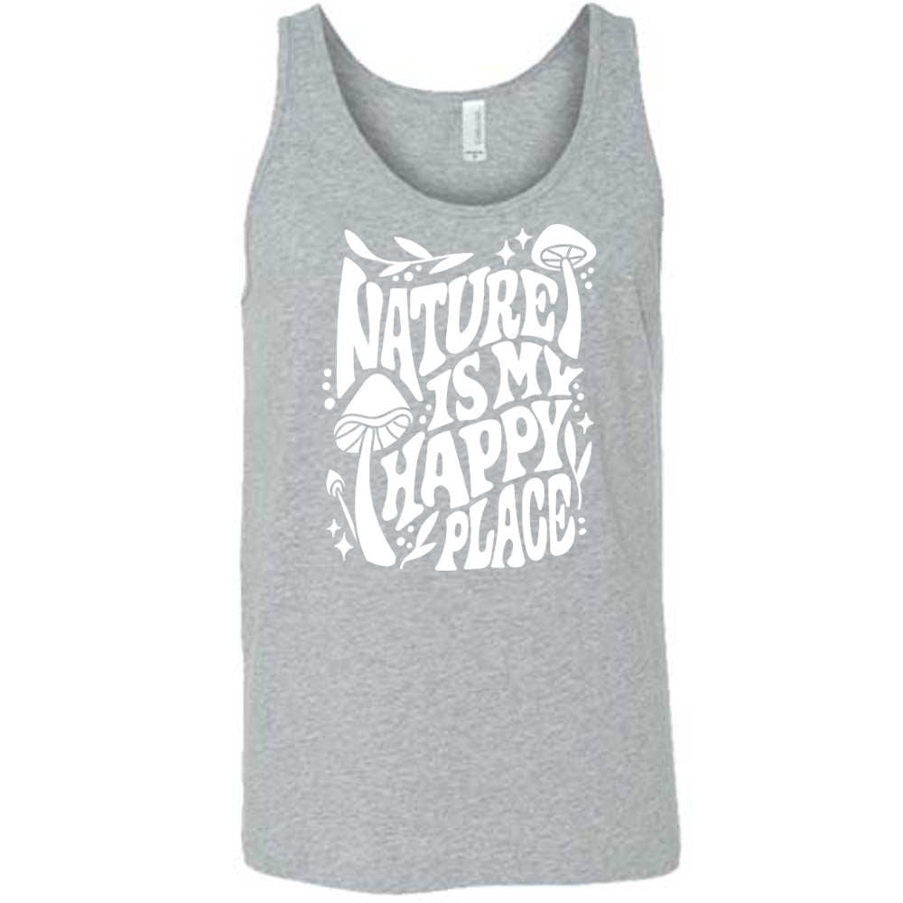Grey colored tank with a wild mushroom graphic on it that says "Nature Is My Happy Place"