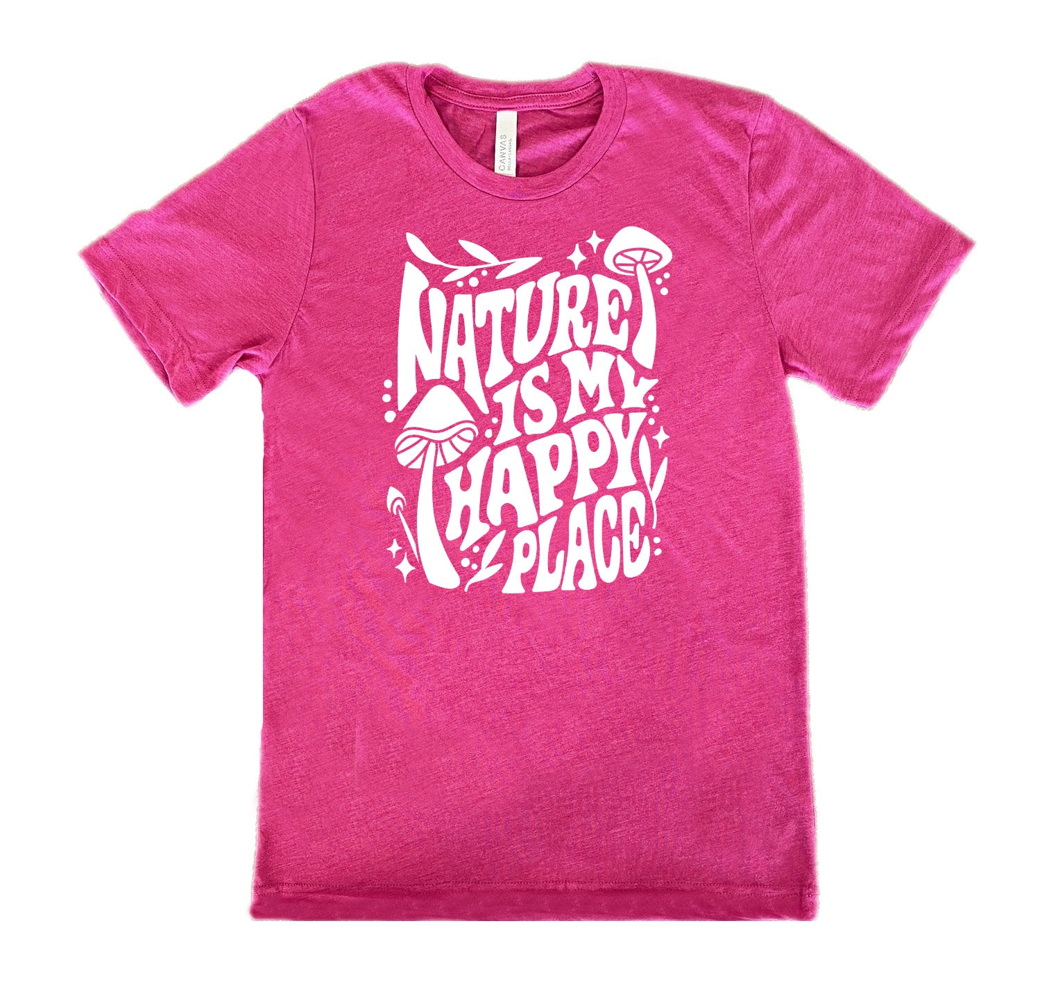 Berry colored shirt with a wild mushroom graphic on it that says "Nature Is My Happy Place"