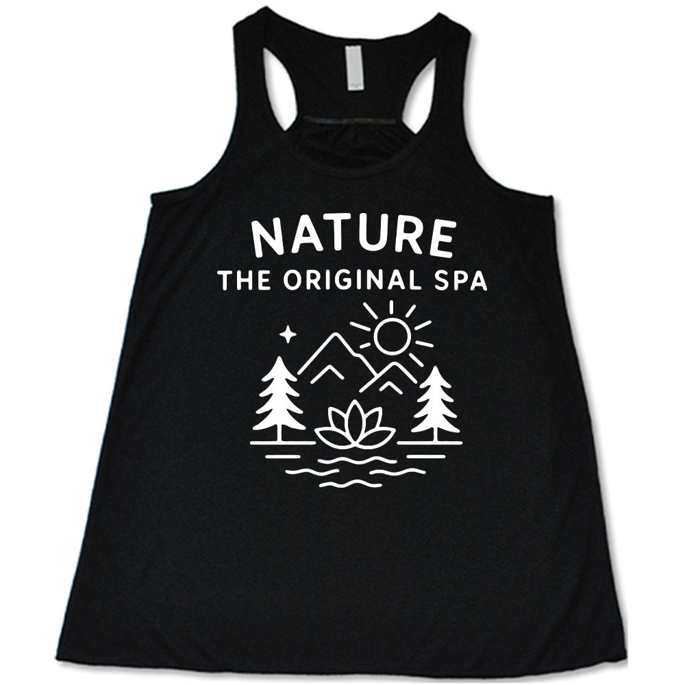 black flowy tank with the words "nature the original spa" on it, with the mostly line-art graphic of the sun, mountains, trees, a single star, water, and a lotus flower