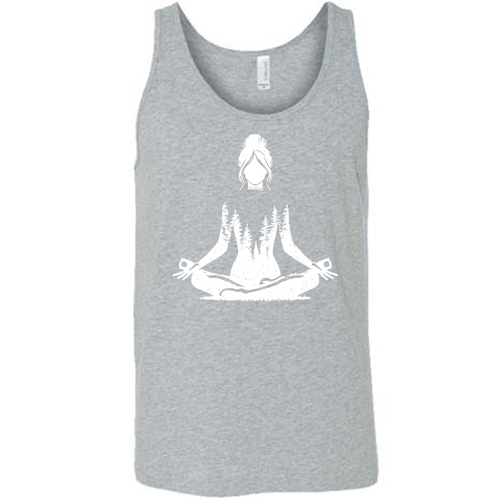 Grey unisex tank with the graphic of a woman doing a yoga pose, with her shoulders to waist being the silhouette of a forest