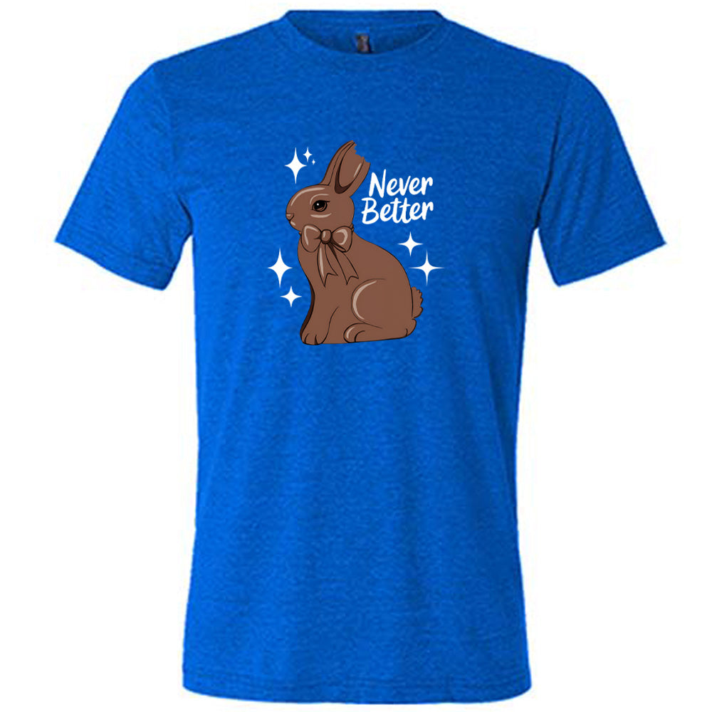 Blue colored shirt with a chocolate bunny graphic on it that says "Never Better"