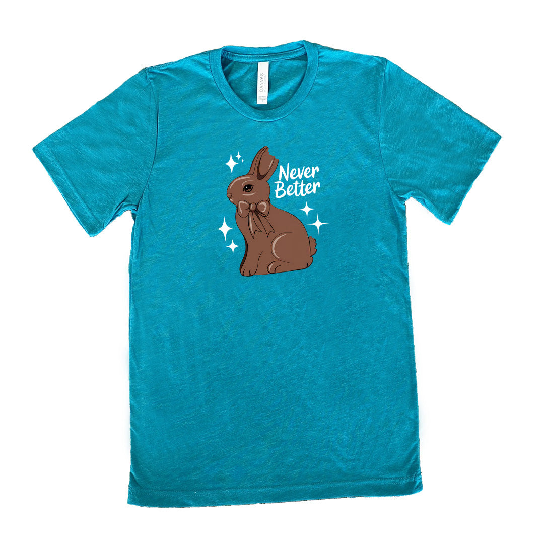 Teal colored shirt with a chocolate bunny graphic on it that says "Never Better"