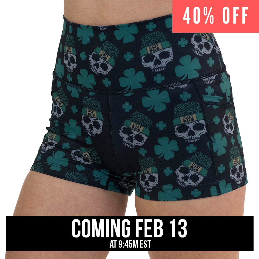 2.5 inch skull and shamrock print shorts, coming soon