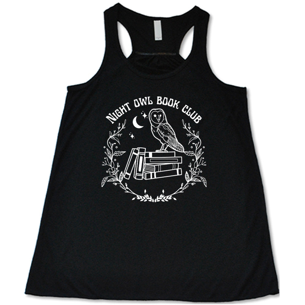 Black colored flowy tank with owl on stack of books under moon graphic on it that says "Night Owl Book Club"