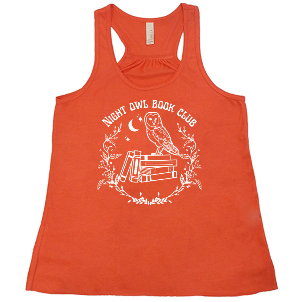 Coral colored flowy tank with owl on stack of books under moon graphic on it that says "Night Owl Book Club"