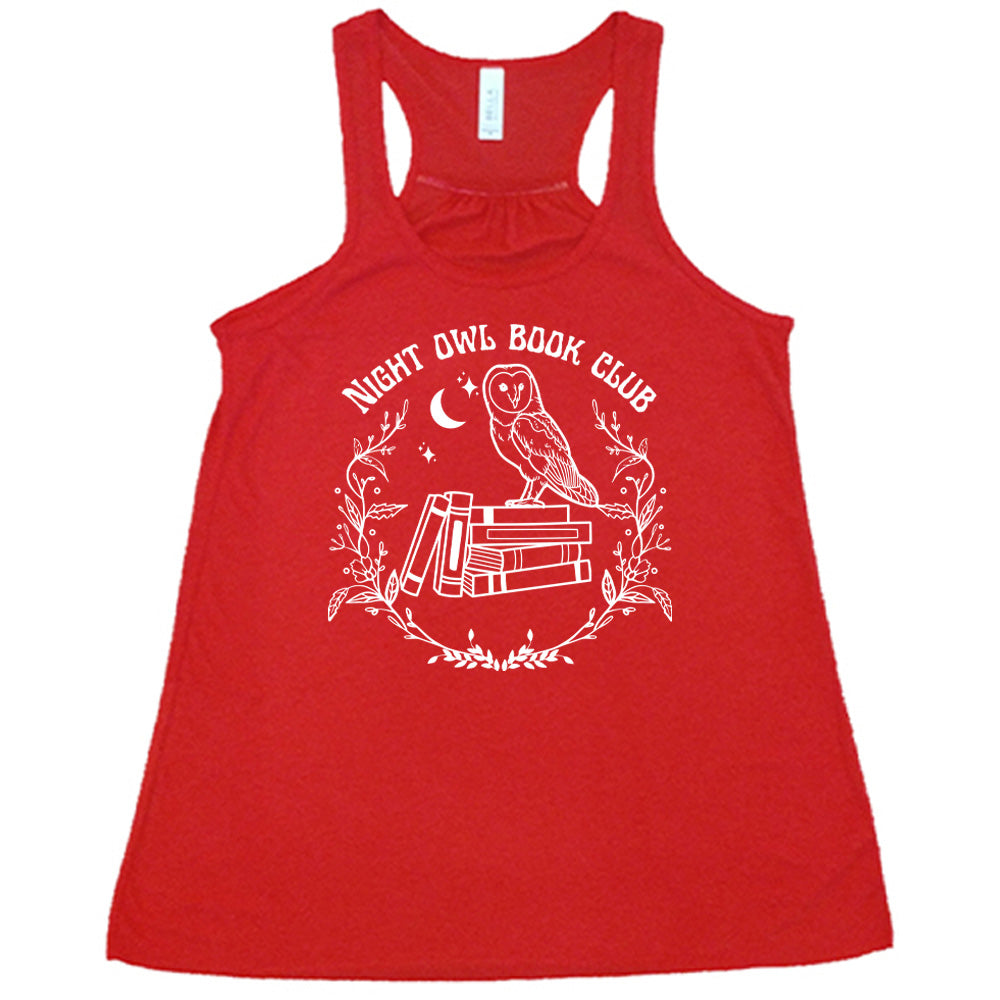 Red colored flowy tank with owl on stack of books under moon graphic on it that says "Night Owl Book Club"