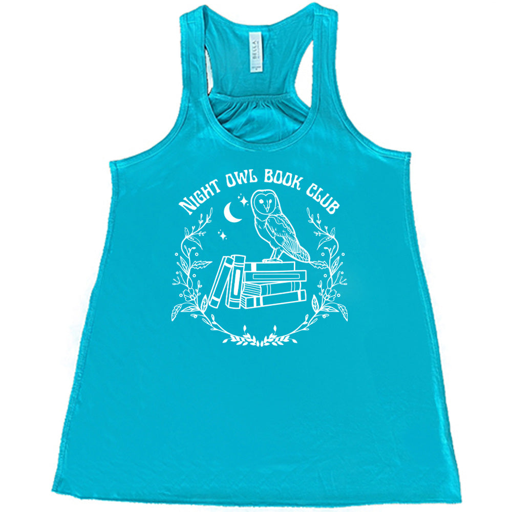 Teal colored flowy tank with owl on stack of books under moon graphic on it that says "Night Owl Book Club"