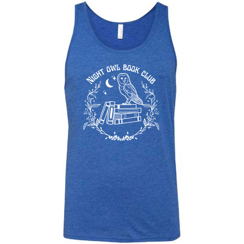 Blue colored tank with owl on stack of books under moon graphic on it that says "Night Owl Book Club"