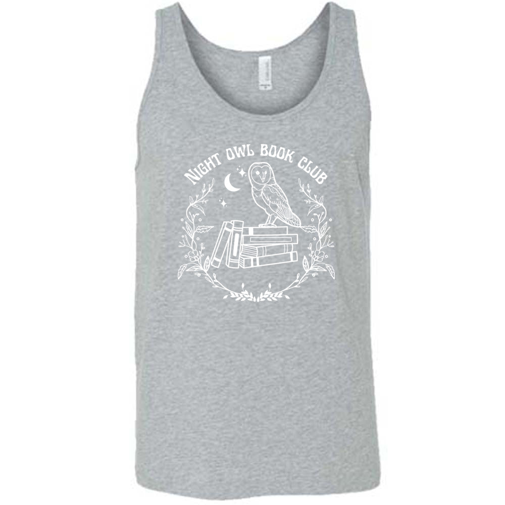 Grey colored tank with owl on stack of books under moon graphic on it that says "Night Owl Book Club"