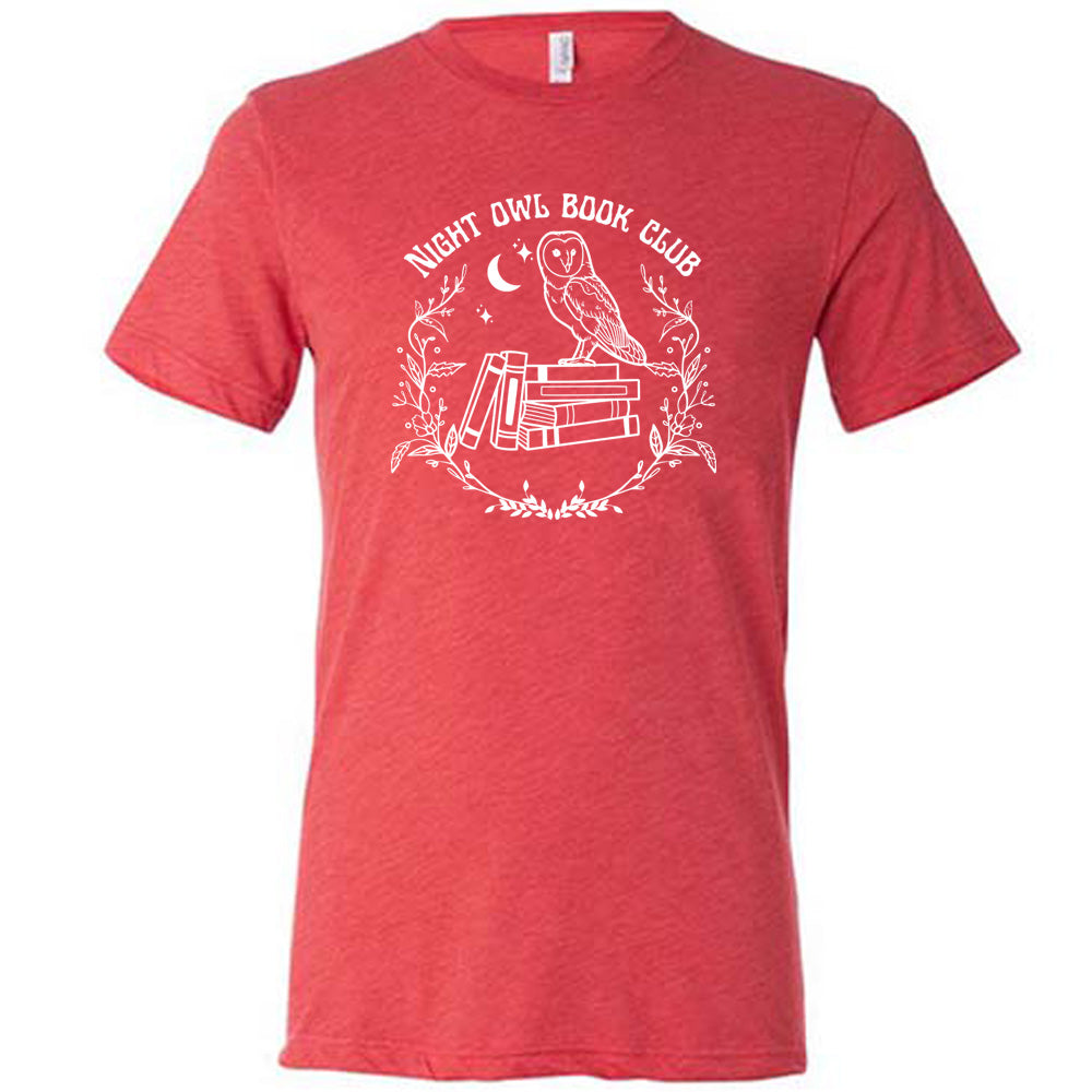 Red colored shirt with owl on stack of books under moon graphic on it that says "Night Owl Book Club"