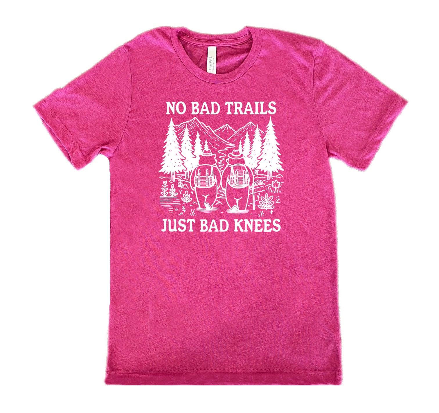 Berry colored shirt with two bears hiking graphic on it that says "No Bad Trails Just Bad Knees"
