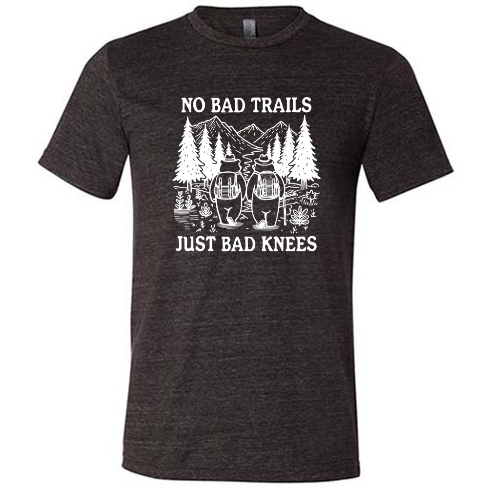 Black colored shirt with two bears hiking graphic on it that says "No Bad Trails Just Bad Knees"