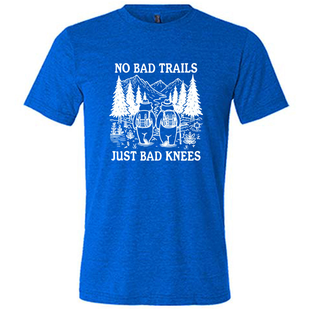 Blue colored shirt with two bears hiking graphic on it that says "No Bad Trails Just Bad Knees"