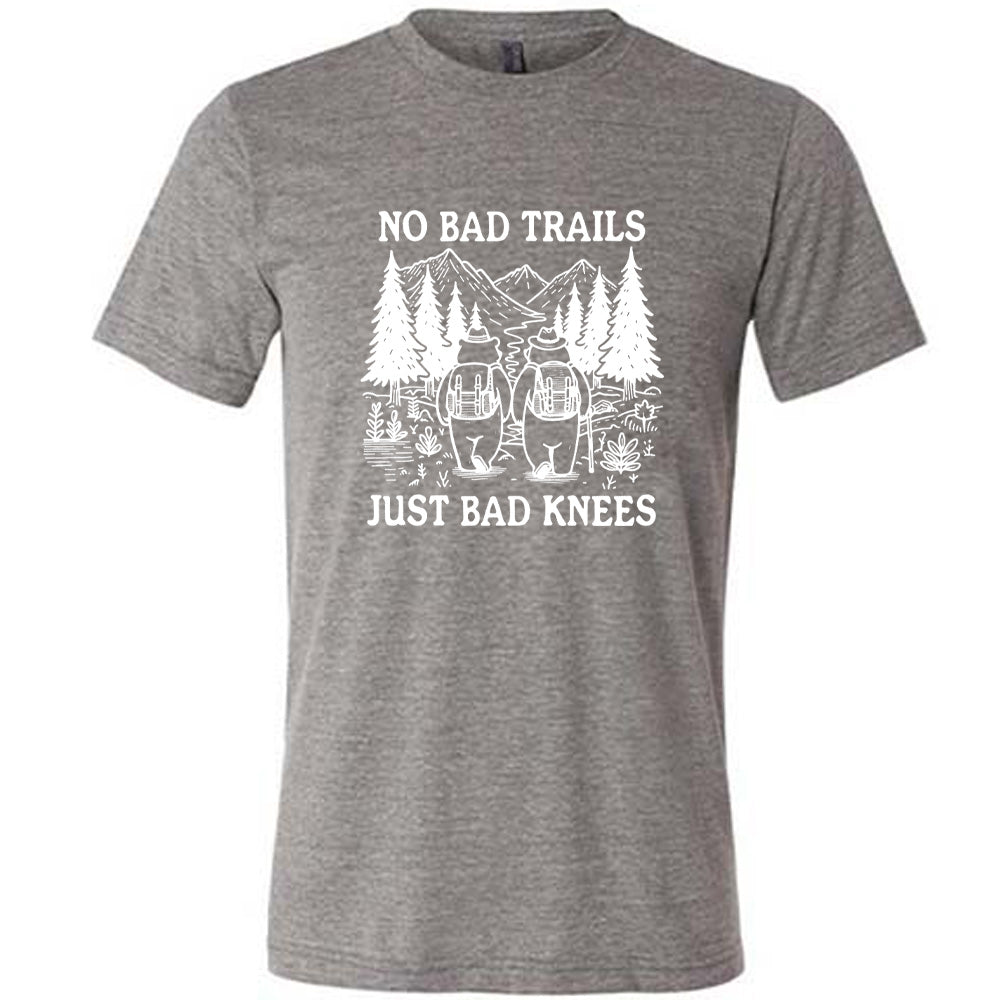 Grey colored shirt with two bears hiking graphic on it that says "No Bad Trails Just Bad Knees"