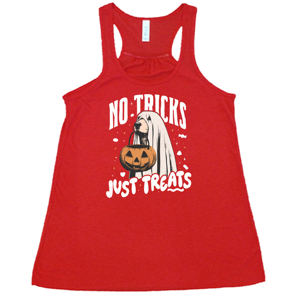 Red colored flowy tank with dog wearing a sheet and a candy bucket in its mouth graphic on it that says "No Tricks Just Treats"