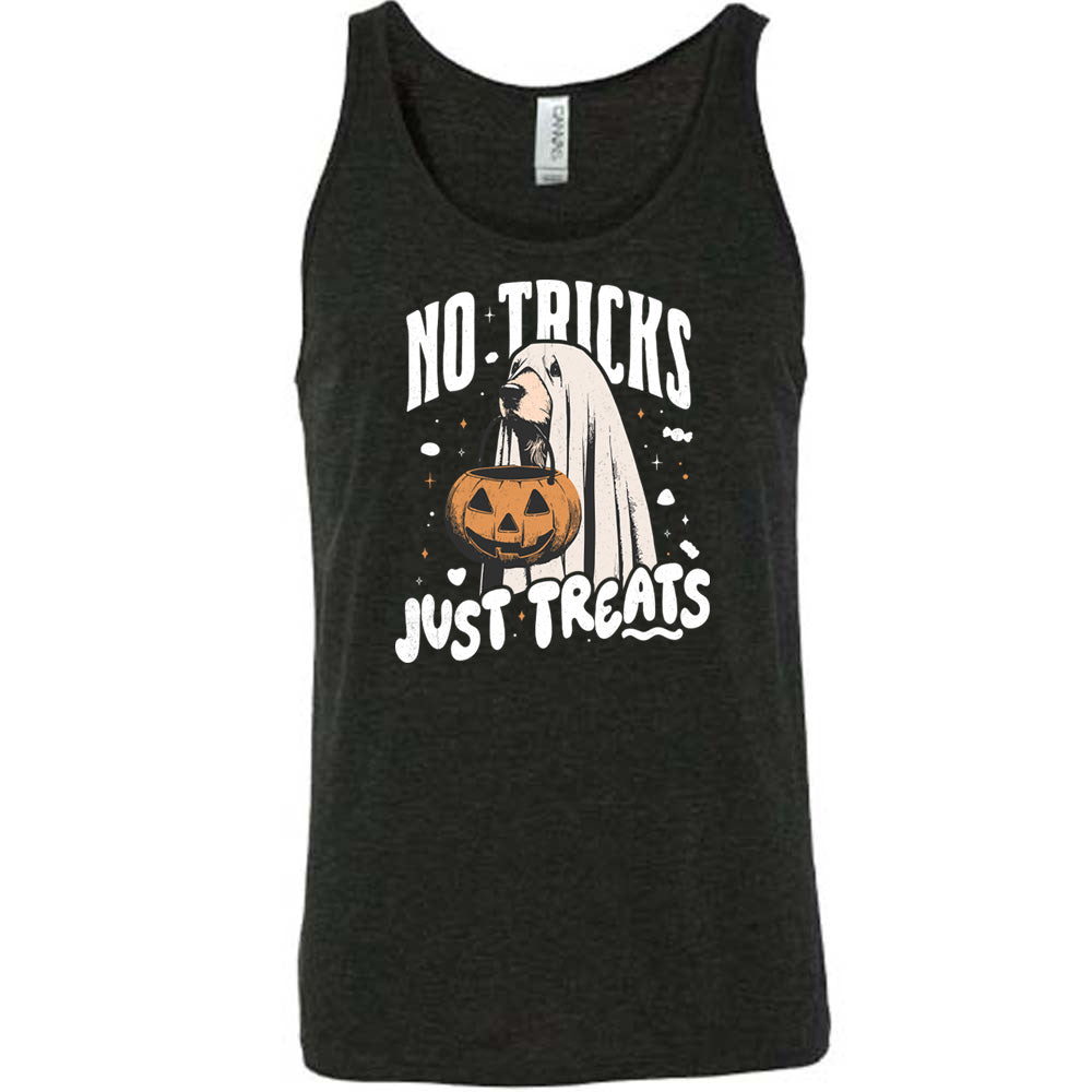Black colored tank with dog wearing a sheet and a candy bucket in its mouth graphic on it that says "No Tricks Just Treats"