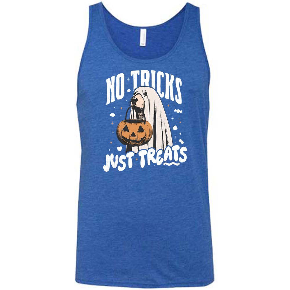 Blue colored tank with dog wearing a sheet and a candy bucket in its mouth graphic on it that says "No Tricks Just Treats"