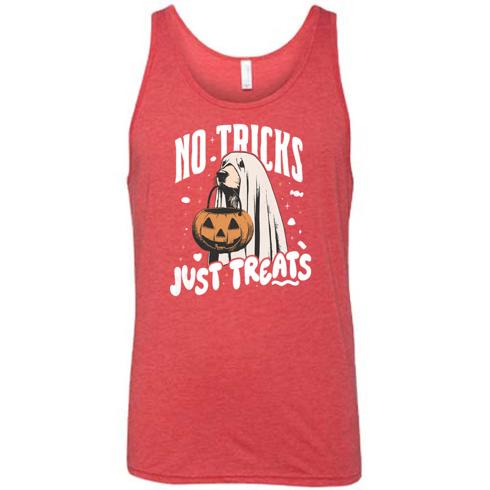 Red colored tank with dog wearing a sheet and a candy bucket in its mouth graphic on it that says "No Tricks Just Treats"