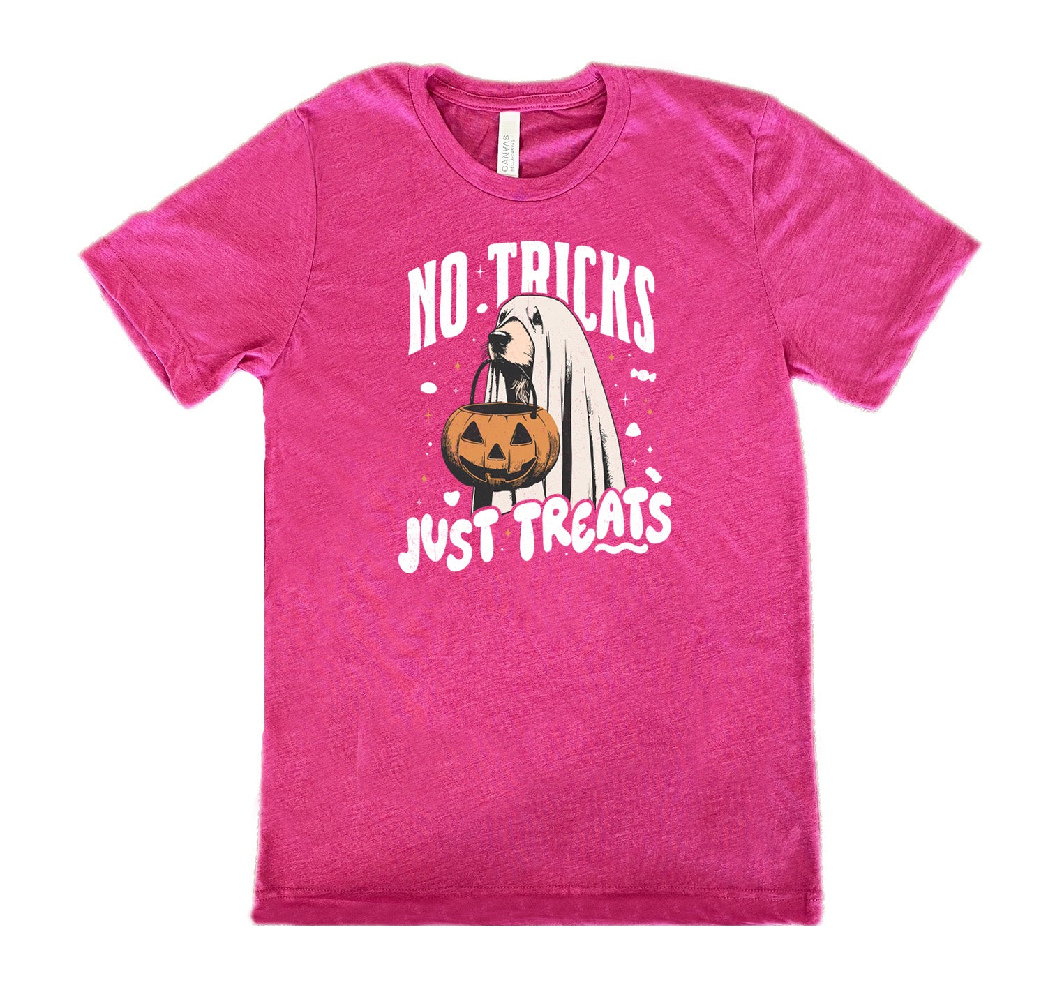Berry colored shirt with dog wearing a sheet and a candy bucket in its mouth graphic on it that says "No Tricks Just Treats"