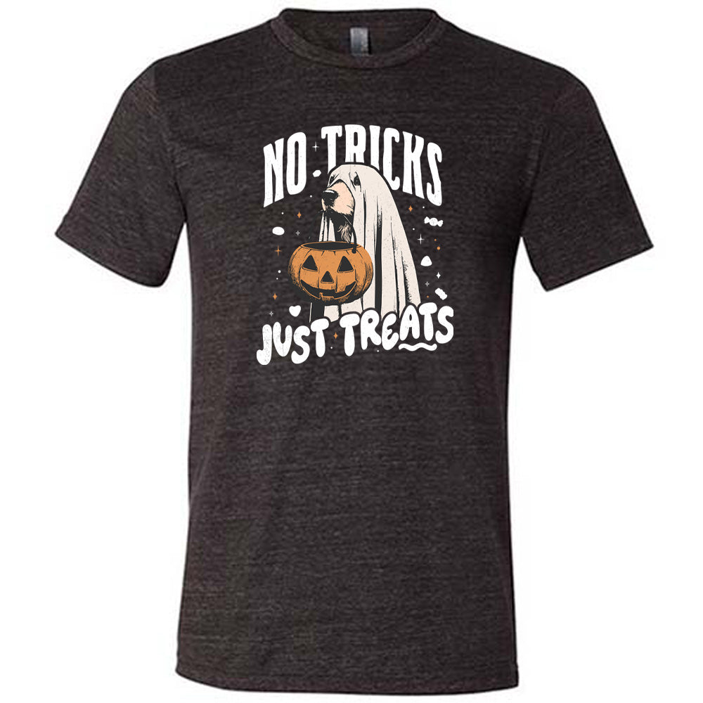 Black colored shirt with dog wearing a sheet and a candy bucket in its mouth graphic on it that says "No Tricks Just Treats"