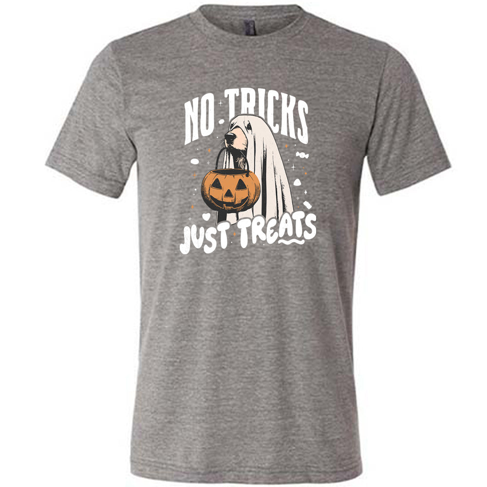 Grey colored shirt with dog wearing a sheet and a candy bucket in its mouth graphic on it that says "No Tricks Just Treats"