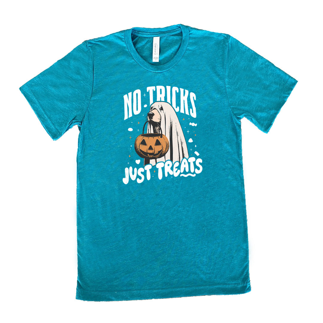 Teal colored shirt with dog wearing a sheet and a candy bucket in its mouth graphic on it that says "No Tricks Just Treats"