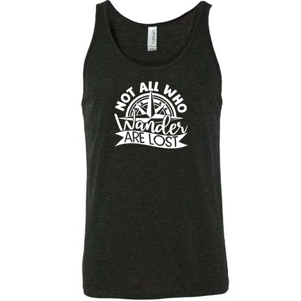 Black colored tank with a compass graphic on it that says "Not All Who Wander Are Lost"