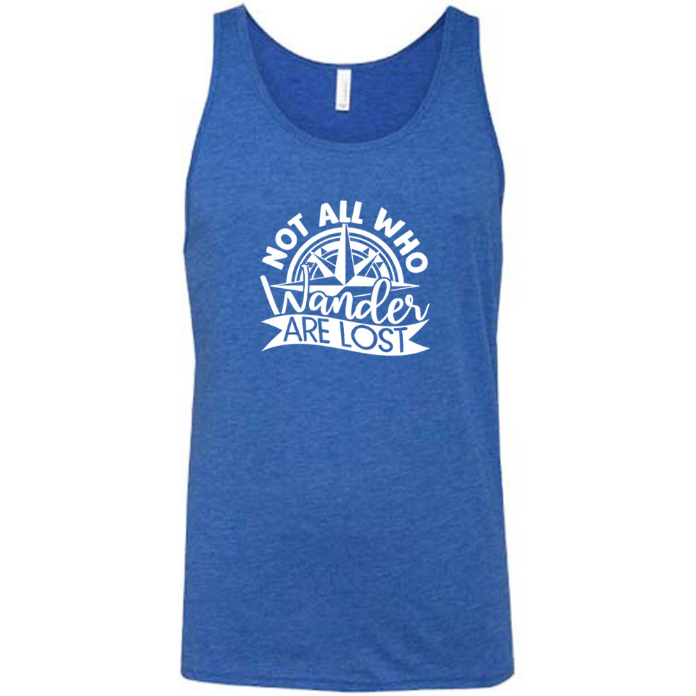 Blue colored tank with a compass graphic on it that says "Not All Who Wander Are Lost"