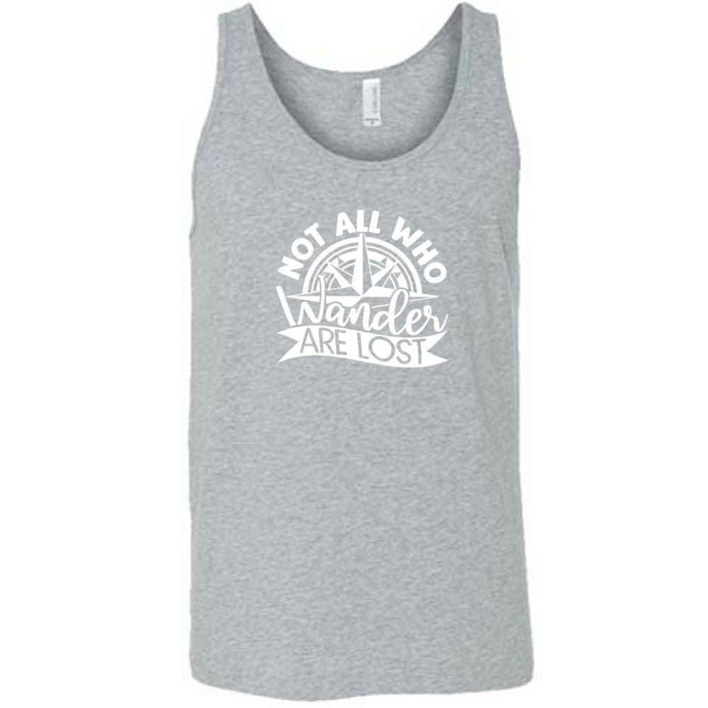 Grey colored tank with a compass graphic on it that says "Not All Who Wander Are Lost"